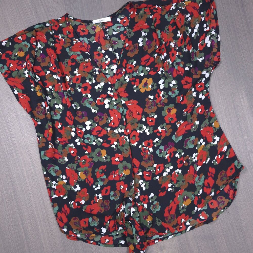 Beacon Apparel Women Floral Wrap Tie Waist Blouse V-Neck Short Sleeve Top